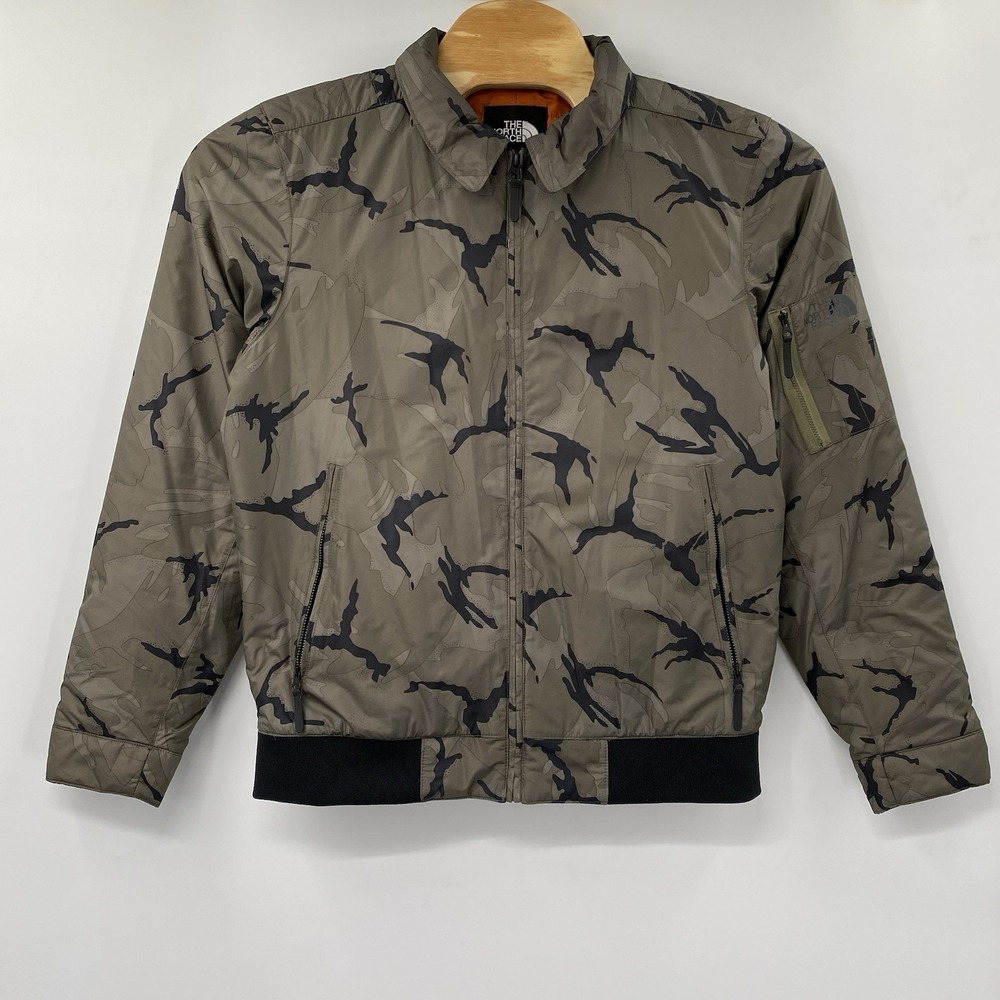 The North Face Bomber Jacket Mens M Olive Camo Bird Print Full Zip NF0A33RP